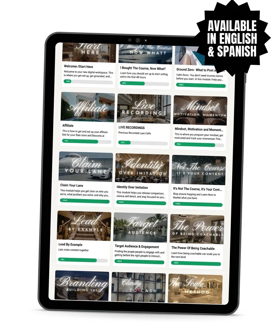 The LUXE Income Lounge teaching modules shown on a tablet, available in English and Spanish