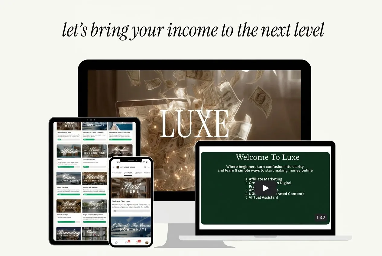 LUXE Income Lounge course shown on desktop, laptop, tablet and mobile